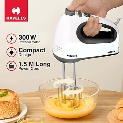 Havells Whisko 300 watt Hand Mixer with Single Eject Button, 5 Speed Turbo Function, Stainless Steel Hooks Havells Whisko 300 watt Hand Mixer with Single Eject Button, 5 Speed Turbo Function, Stainless Steel Hooks
