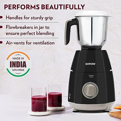 Borosil 750W Infinity Mixer Grinder with 4 Stainless Steel Jars (1.5L Jar with Fruit Filter, 1.5L Blending Jar, 1L Dry/Wet Grinder Jar, 400ml Chutnery Jar), Kitchen Mixie, 5 Years Warranty on Motor Borosil 750W Infinity Mixer Grinder with 4 Stainless Steel Jars (1.5L Jar with Fruit Filter, 1.5L Blending Jar, 1L Dry/Wet Grinder Jar, 400ml Chutnery Jar), Kitchen Mixie, 5 Years Warranty on Motor