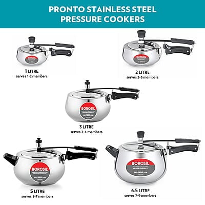 Borosil Pronto Induction Base Inner Lid Stainless Steel Pressure Cooker, 6.8 mm Thick Base, 6.5 L Borosil Pronto Induction Base Inner Lid Stainless Steel Pressure Cooker, 6.8 mm Thick Base, 6.5 L