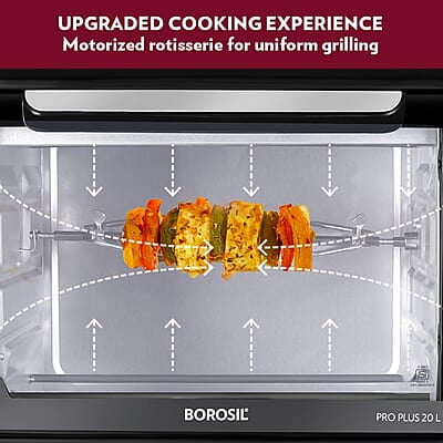 Borosil OTG Pro Plus 20 Litres Oven Toaster Griller, Motorized Rotisserie, Pizza Oven, Cake Oven for Baking | 6 Heating Option | 2 years Warranty