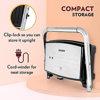 Borosil Jumbo Grill Sandwich Maker, 1500W, Non-Stick Grilling Plate, 180ᶿ Open Flexibility, Make 4 Sandwiches