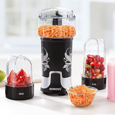 Borosil NutriFresh NB03 Blender & Grinder, 500 ml Blending Jar, 300 ml Chutney Jar, For Blending, Grinding & Mincing, Dry Grinding Spices, Black, 400 W