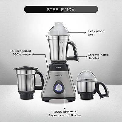 Preethi Steele 110 V, MG-206, 550 Watt, 3 Jars, Turbovent Technology, 2 years product warranty