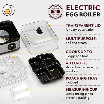Borosil Electric Plus Egg Boiler, Boil Upto 8 Eggs At A Time, For Hard, Soft, Medium Boiled Eggs, Steamed Vegetables, Transparent Lid, Stainless Steel Exterior