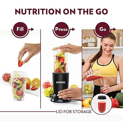 Borosil NutriFresh Portable Mini-Blender & Grinder, 500 ml Blending Jar, 300 ml Chutney Jar, For Blending Smoothies & Chutneys, Dry Grinding Spices, Black, 400 W