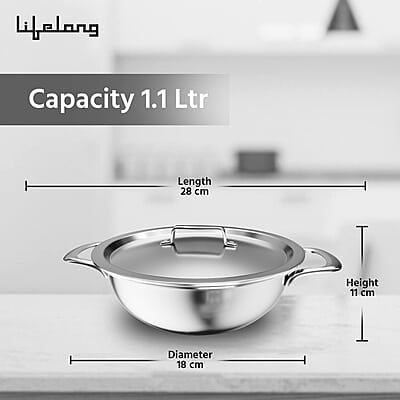 Lifelong LLTPDK004 Triply Deep Kadai with Riveted Handles with Stainless Steel Lid 2.1 litres Capacity 22 cm Lifelong LLTPDK004 Triply Deep Kadai with Riveted Handles with Stainless Steel Lid 2.1 litres Capacity 22 cm