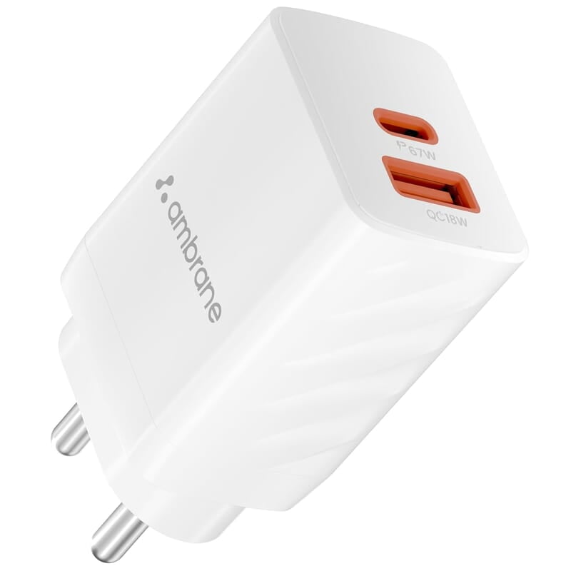 Ambrane 67W Dual Port GaN Charger,Fast Charger Adapter for Laptop, Lenovo, HP, ASUS, Dell, MacBook, iPhone Series, Samsung & Other Devices, USB & Type C Port with QC & PD Technology Ambrane 67W Dual Port GaN Charger,Fast Charger Adapter for Laptop, Lenovo, HP, ASUS, Dell, MacBook, iPhone Series, Samsung & Other Devices, USB & Type C Port with QC & PD Technology
