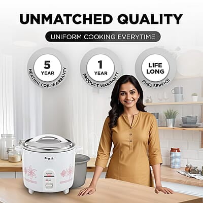 Preethi Electric Rice Cooker, 1.8 Litre, Double Pan, Anodized and Rustproof Aluminium Pan Preethi Electric Rice Cooker, 1.8 Litre, Double Pan, Anodized and Rustproof Aluminium Pan