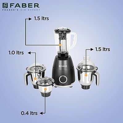 Faber Crown 800W Blender Mixer Grinder, 3 SS clip lock jars + 1 PC jar copper motor, up to 20000 rpm speed Faber Crown 800W Blender Mixer Grinder, 3 SS clip lock jars + 1 PC jar copper motor, up to 20000 rpm speed
