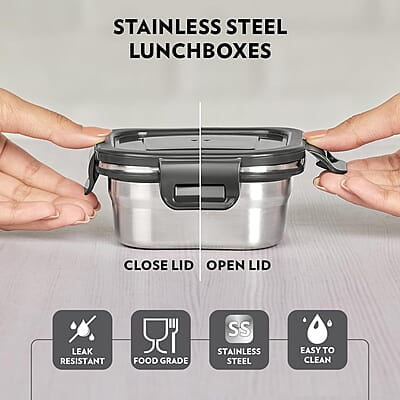 Borosil Feast Stainless Steel Lunch Box with Bag | Set of 3 (520 ml x 1 + 400 ml x 1 + 250 ml x 1), Square Borosil Feast Stainless Steel Lunch Box with Bag | Set of 3 (520 ml x 1 + 400 ml x 1 + 250 ml x 1), Square