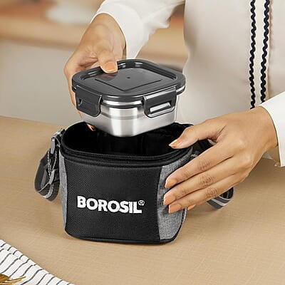 Borosil Feast Stainless Steel Lunch Box with Bag | Set of 2 (400 ml Each), Square