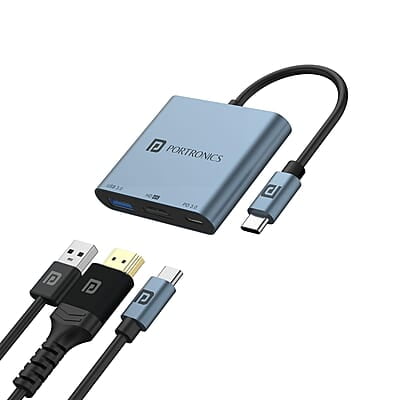 Portronics C-Konnect Plus Type-C to HDMI Adapter (3-in-1), Multiport USB-C Hub with 4K / 30Hz HDMI, USB 3.0 @ 5Gbps, 100 W PD Charging for Laptop, MacBook, PC