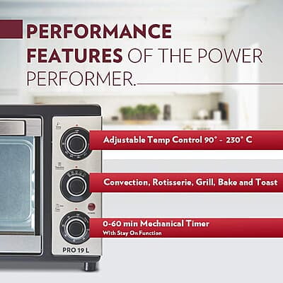 Borosil Pro 19 Liters Oven Toaster & Griller, Motorised Rotisserie, Stay-on Function, 5 Heating Modes, Black