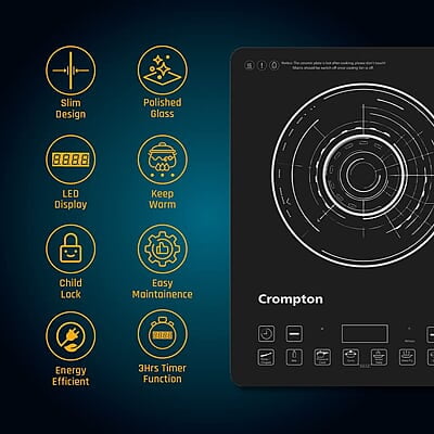 Crompton Instaserve 2100 W Induction Cooktop with 12 Feather Touch Buttons Crompton Instaserve 2100 W Induction Cooktop with 12 Feather Touch Buttons