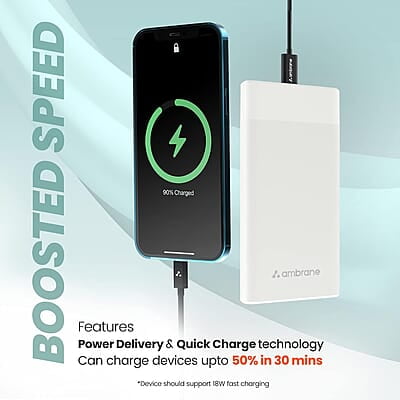 Ambrane 10000mAh Slim Power Bank, 20W Fast Charging, Dual Output, Type C PD (Input & Output), Quick Charge Ambrane 10000mAh Slim Power Bank, 20W Fast Charging, Dual Output, Type C PD (Input & Output), Quick Charge