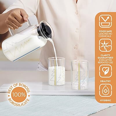 Borosil Artisan Series Sintra 1000ml Multipurpose Jug with 2 pc Medium (295 ml) Glass Set | 100% Borosilicate, Fridge & Freezer, Dishwasher Safe | Glass Jug with Tumbler | Transparent Borosil Artisan Series Sintra 1000ml Multipurpose Jug with 2 pc Medium (295 ml) Glass Set | 100% Borosilicate, Fridge & Freezer, Dishwasher Safe | Glass Jug with Tumbler | Transparent