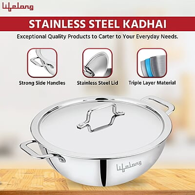 Lifelong Triply Extra Deep Kadai with Stainless Steel Lid 4.5 litres Capacity with Riveted Handles 28 cm
