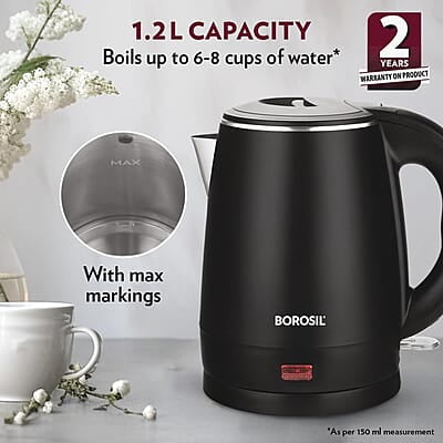 Borosil 1.2L 1350W Cooltouch Multipurpose Electric Kettle | Auto Shut off | Wide Mouth | 304 Food Grade Stainless Steel with Double Wall Cooltouch Exterior | 2 year Warranty | Black Borosil 1.2L 1350W Cooltouch Multipurpose Electric Kettle | Auto Shut off | Wide Mouth | 304 Food Grade Stainless Steel with Double Wall Cooltouch Exterior | 2 year Warranty | Black
