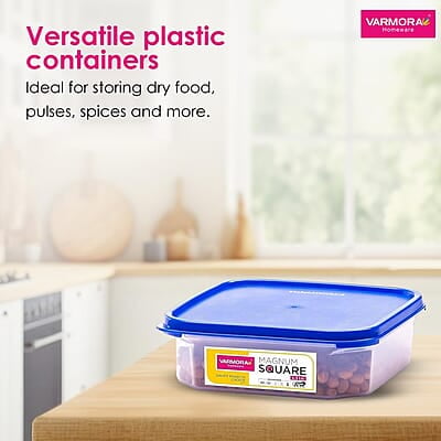 Varmora Magnum Square Smart Kitchen Storage Plastic Container – Blue Lid (1.3 Litres)(Pack of 4) Varmora Magnum Square Smart Kitchen Storage Plastic Container – Blue Lid (1.3 Litres)(Pack of 4)