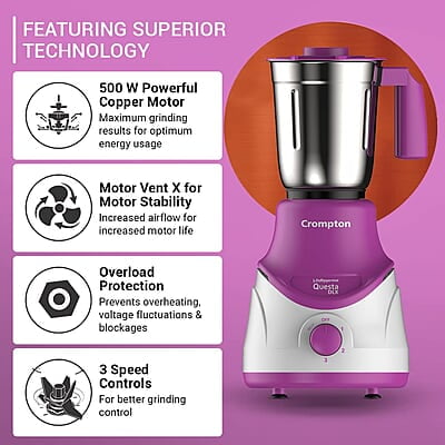 Crompton QUESTA DLX Mixer Grinder 100% Copper Motor & Motor Vent-X Technology (3 Stainless Steel Jars, Lavender) Crompton QUESTA DLX Mixer Grinder 100% Copper Motor & Motor Vent-X Technology (3 Stainless Steel Jars, Lavender)