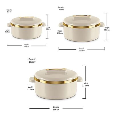 MILTON Curve Inner Stainless Steel Casserole Set of 3 (450 ml, 840 ml, 1300 ml)