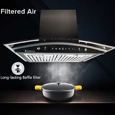 Wonderchef Power Curve Wall-Mount Chimney 1000M3/H Suction Capacity 3 Speed Push Control Low Noise 60cms Wonderchef Power Curve Wall-Mount Chimney 1000M3/H Suction Capacity 3 Speed Push Control Low Noise 60cms