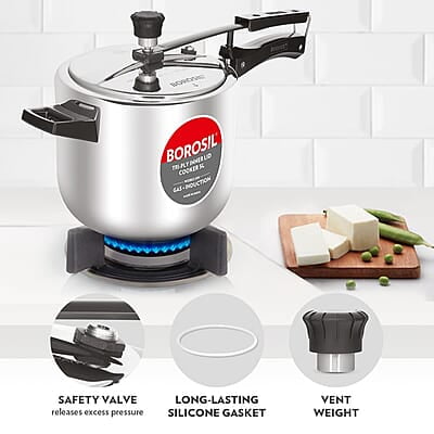 Borosil Triply Induction Base Inner Lid Stainless Steel Pressure Cooker, 5 L Borosil Triply Induction Base Inner Lid Stainless Steel Pressure Cooker, 5 L