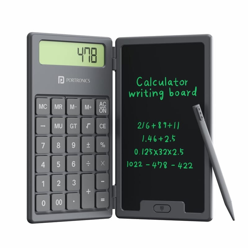 Portronics Ruffpad Calc 2-in-1 Calculator & LCD Writing Pad with 6.5 Inches Tablet, 12 Digits, Foldable Design, Stylus Pen for Students Portronics Ruffpad Calc 2-in-1 Calculator & LCD Writing Pad with 6.5 Inches Tablet, 12 Digits, Foldable Design, Stylus Pen for Students