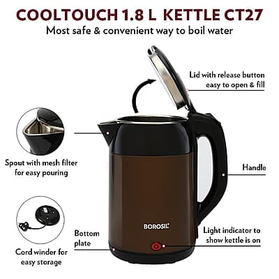 Borosil 1.8L 1800W Stainless Steel Cooltouch Electric Kettle | Boil Water for Tea/Coffee/Soup/Noodles | Water Heater Jug | Auto Cut-off, Dry Boil Protection | Multipurpose Kettle | 1 Year Warranty