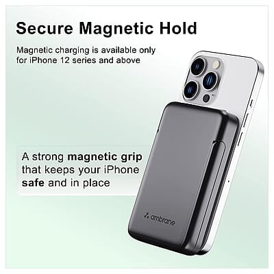 Ambrane 10000mAh Magnetic Wireless Power Bank with Stand, 15W Wireless Fast Charging, Compact 22.5W PD Wired Charger, Compatible with iPhone 12/13/14/15 & Other Wireless Devices Ambrane 10000mAh Magnetic Wireless Power Bank with Stand, 15W Wireless Fast Charging, Compact 22.5W PD Wired Charger, Compatible with iPhone 12/13/14/15 & Other Wireless Devices