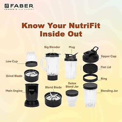 Faber Sportz Blender FSB 5-in-1 Nutrifit Nero 5 PC Jars 1L+500ML+500ML Mug+300ML+300ML Dessert Cup Faber Sportz Blender FSB 5-in-1 Nutrifit Nero 5 PC Jars 1L+500ML+500ML Mug+300ML+300ML Dessert Cup