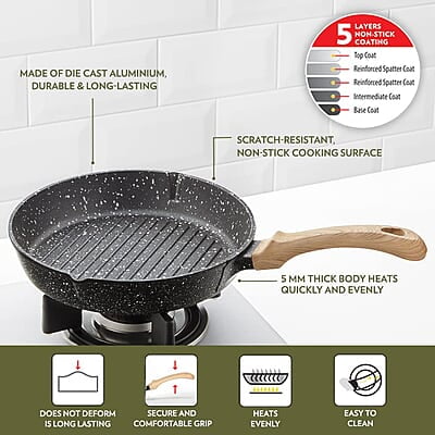 Borosil Vajra Die-Cast Non-Stick Aluminium Round Grill Fry Pan, Frying Pan with Ridges, Black with Wood-Finish Handles, 240 mm Wide, 5 mm Thick Borosil Vajra Die-Cast Non-Stick Aluminium Round Grill Fry Pan, Frying Pan with Ridges, Black with Wood-Finish Handles, 240 mm Wide, 5 mm Thick