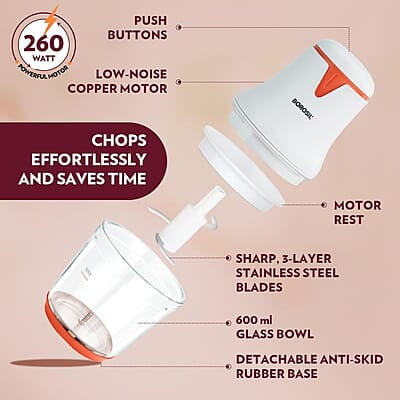 Borosil Chef Delite 260W Electric Glass Chopper For Kitchen Use | White Chopper | Low Noise Operation | Kitchen Accessories Items | Stainless Steel Blades, Whisking Blade for Cream, Chaas, Lassi Borosil Chef Delite 260W Electric Glass Chopper For Kitchen Use | White Chopper | Low Noise Operation | Kitchen Accessories Items | Stainless Steel Blades, Whisking Blade for Cream, Chaas, Lassi