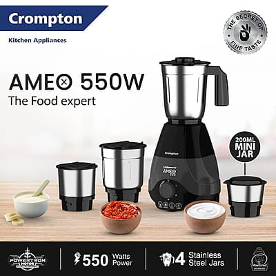 Crompton Ameo 550-Watt Mixer Grinder with MaxiGrind and Motor Vent-X Technology Crompton Ameo 550-Watt Mixer Grinder with MaxiGrind and Motor Vent-X Technology