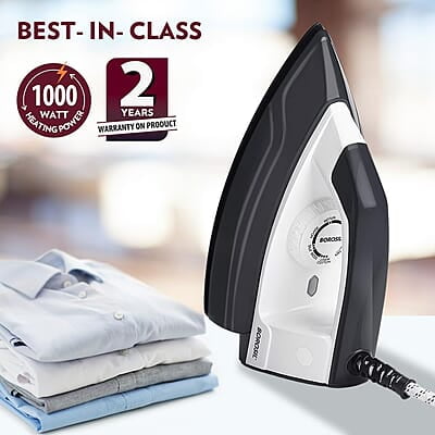 Borosil Glider 1000W Dry Iron with American Heritage Non-Stick Soleplate Coating, Thermostate for Better Heat Conductivity, Dry Ironing for Silk, Nylon, Rayon, Wool, Cotton & More, 2 Years Warranty