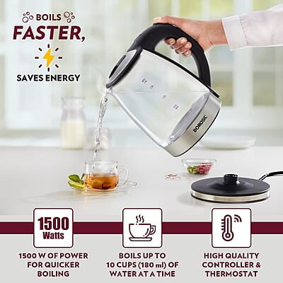 Borosil Electric Glass Kettle, Borosilicate Glass, Extra Long Cord, Dry-boil Protection, 360° Rotating Base, 1.8 L, Transparent Borosil Electric Glass Kettle, Borosilicate Glass, Extra Long Cord, Dry-boil Protection, 360° Rotating Base, 1.8 L, Transparent