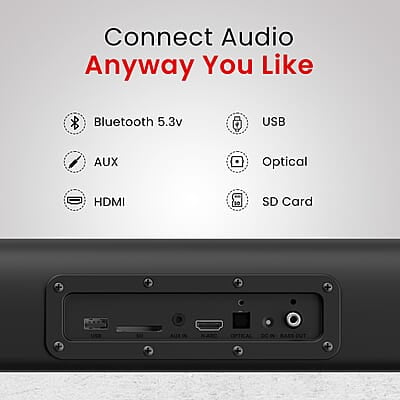 Portronics Pure Sound 105 200W Bluetooth Soundbar with Wired Subwoofer for Deep Bass, 2.1 Channel Home Theatre, HD Sound,3 EQ Modes, BT 5.3V,HDMI, Optical, AUX, USB Port, Sleek Remote Control Portronics Pure Sound 105 200W Bluetooth Soundbar with Wired Subwoofer for Deep Bass, 2.1 Channel Home Theatre, HD Sound,3 EQ Modes, BT 5.3V,HDMI, Optical, AUX, USB Port, Sleek Remote Control