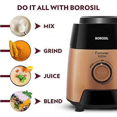 Borosil Fortuner Mixer Grinder Blender Juicer, Copper Motor, For Wet/Dry Mixing & Grinding, Blending Smoothies & Juicing Fruits 1000 Watts, 4 Jars (0.4L+1L+1.2L) (1.5L+1.5L+1.2L+0.4L) Borosil Fortuner Mixer Grinder Blender Juicer, Copper Motor, For Wet/Dry Mixing & Grinding, Blending Smoothies & Juicing Fruits 1000 Watts, 4 Jars (0.4L+1L+1.2L) (1.5L+1.5L+1.2L+0.4L)