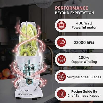 Wonderchef Nutri-blend Mixer, Grinder & Blender 400W 22000 RPM 2 unbreakable jars White Wonderchef Nutri-blend Mixer, Grinder & Blender 400W 22000 RPM 2 unbreakable jars White