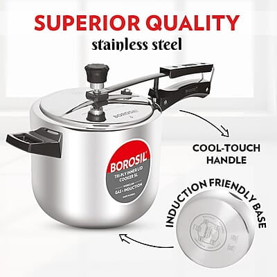 Borosil Triply Induction Base Inner Lid Stainless Steel Pressure Cooker, 5 L Borosil Triply Induction Base Inner Lid Stainless Steel Pressure Cooker, 5 L