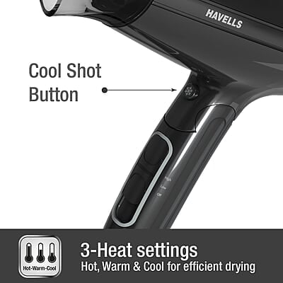 Havells 1600W Unisex Foldable Hair Dryer 2 Heat Settings With Cool Shot (Hot/Warm) Effortless Hair Styling Havells 1600W Unisex Foldable Hair Dryer 2 Heat Settings With Cool Shot (Hot/Warm) Effortless Hair Styling