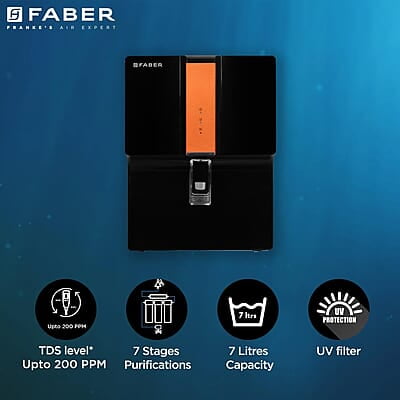 Faber CUV 8000 Water Purifier UV+UF+Cu Guard 7L Tank, 7 Stage Filtration, Pre & Post Carbon Faber CUV 8000 Water Purifier UV+UF+Cu Guard 7L Tank, 7 Stage Filtration, Pre & Post Carbon