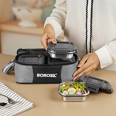Borosil Feast Stainless Steel Lunch Box with Bag | Set of 4 (400 ml x 2 + 250 ml x 2), Square