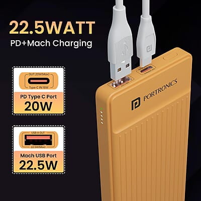 Portronics Luxcell B 10K 10000 mAh 22.5W Fast Charging Power Bank, Ultra Slim Power Bank with Mach USB-A Output, Type C PD Output Portronics Luxcell B 10K 10000 mAh 22.5W Fast Charging Power Bank, Ultra Slim Power Bank with Mach USB-A Output, Type C PD Output