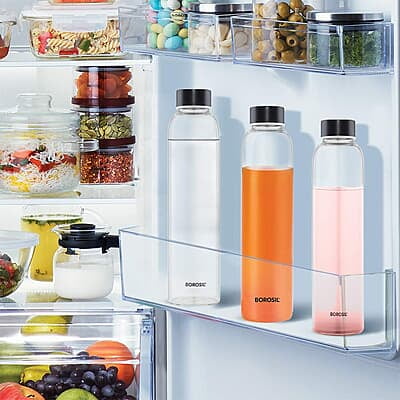 Borosil Crysto Slim Glass Water Bottle, Water Bottle for Fridge, Borosilicate Glass, Extreme Temperature Resistant, For Hot & Cold Water, Milk, Lassi, Juice, Black Lid, 550 ml, Stylish & Transparent Borosil Crysto Slim Glass Water Bottle, Water Bottle for Fridge, Borosilicate Glass, Extreme Temperature Resistant, For Hot & Cold Water, Milk, Lassi, Juice, Black Lid, 550 ml, Stylish & Transparent