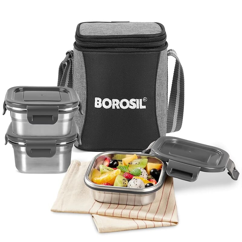 Borosil Feast Stainless Steel Lunch Box with Bag | Set of 3 (520 ml x 1 + 400 ml x 1 + 250 ml x 1), Square Borosil Feast Stainless Steel Lunch Box with Bag | Set of 3 (520 ml x 1 + 400 ml x 1 + 250 ml x 1), Square