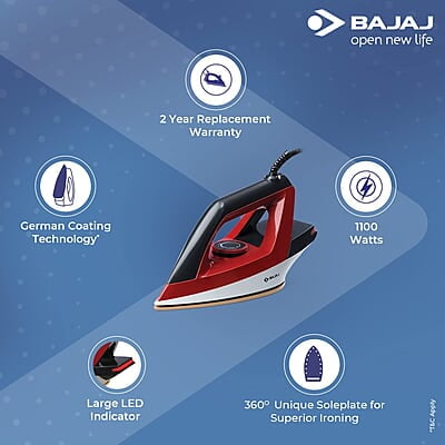Bajaj Splendora 1100 Watts Dry Iron, Red & Black Bajaj Splendora 1100 Watts Dry Iron, Red & Black