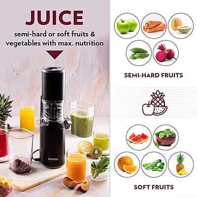 Borosil Easy Juice Cold Press Slow Juicer, Portable Slow Juicer, Compact Design, Less Oxidation, For Fresh Fruits & Vegetables, 130 W Borosil Easy Juice Cold Press Slow Juicer, Portable Slow Juicer, Compact Design, Less Oxidation, For Fresh Fruits & Vegetables, 130 W