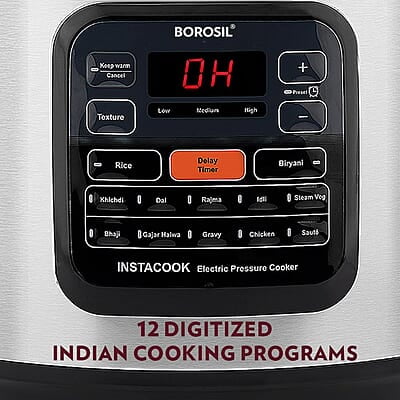 Borosil Instacook 6 L Electric Stainless Steel Pressure Cooker | 12 Digitized Indian Cooking Programs | 15 Hour Delay Timer | One Touch Instat Cooking | Idli Maker, Rice Cooker | 2 Year Warranty Borosil Instacook 6 L Electric Stainless Steel Pressure Cooker | 12 Digitized Indian Cooking Programs | 15 Hour Delay Timer | One Touch Instat Cooking | Idli Maker, Rice Cooker | 2 Year Warranty