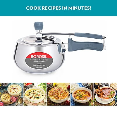 Borosil Pronto Edge Induction Base Inner Lid Stainless Steel Pressure Cooker, 5 L Borosil Pronto Edge Induction Base Inner Lid Stainless Steel Pressure Cooker, 5 L